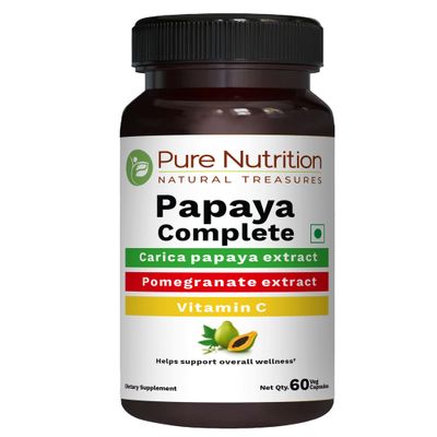 Pure Nutrition Papaya Complete - 60 Veg Capsules (Supports Platelet Immunity Digestion) Each Capsule Contains 500mg Carica Papaya Fruit and Leaf Extract. Non-GMO Gluten-Free