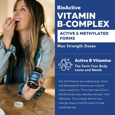 BioActive Vitamin B Complex - Blood Stream Ready, Methylated B Complex - Featuring Methylfolate, 3 BioActive Forms of B12, BenfoPure B1 Pantesin B5 - 12 B Vitamins in Clinical Doses - 60 Servings