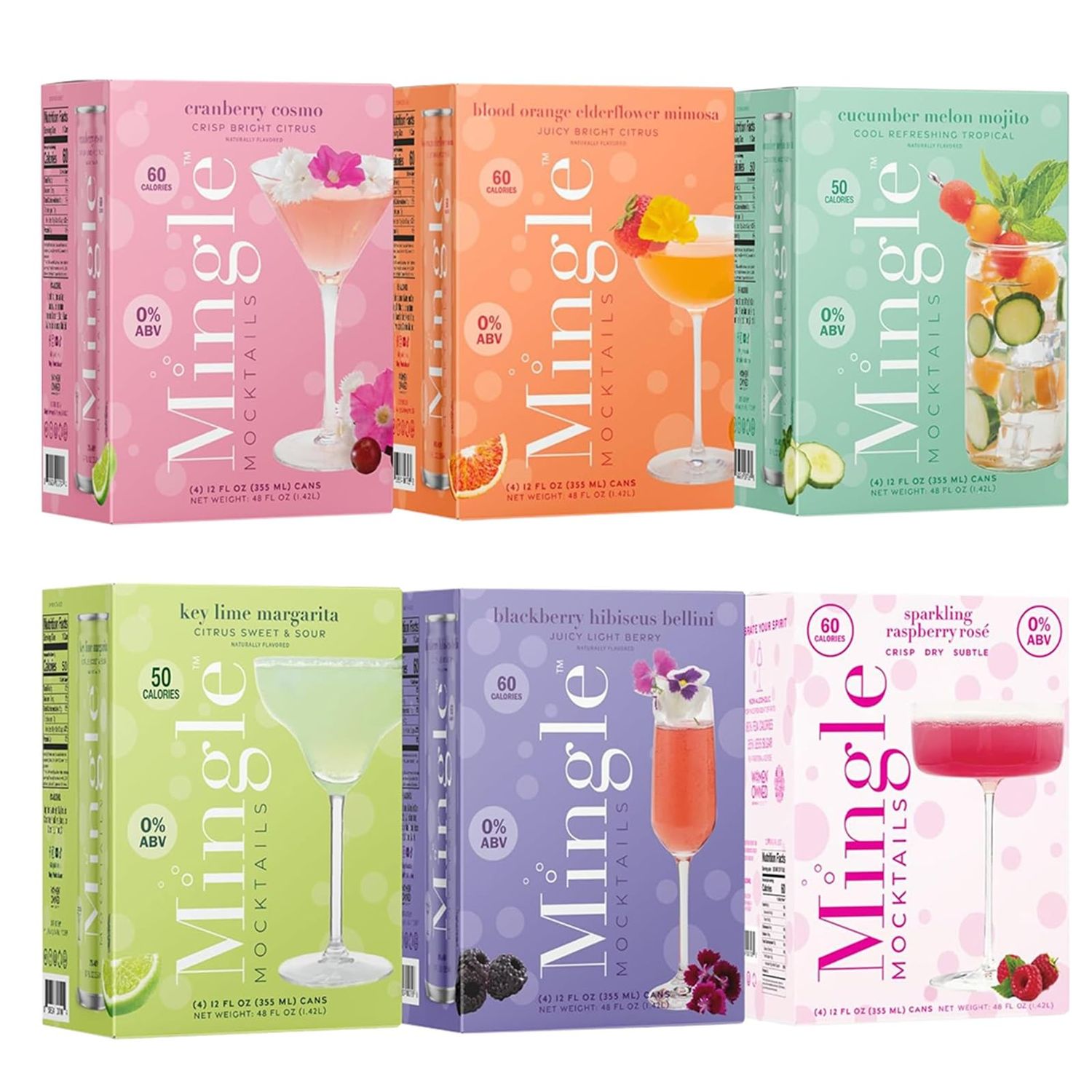 Mingle Mocktails Variety Pack, Canned Non-Alcoholic Drinks, Bellini, Cosmo, Margarita, Mimosa, Mojito, Raspberry Rose, 12 fl. oz. Cans, 24 Packs