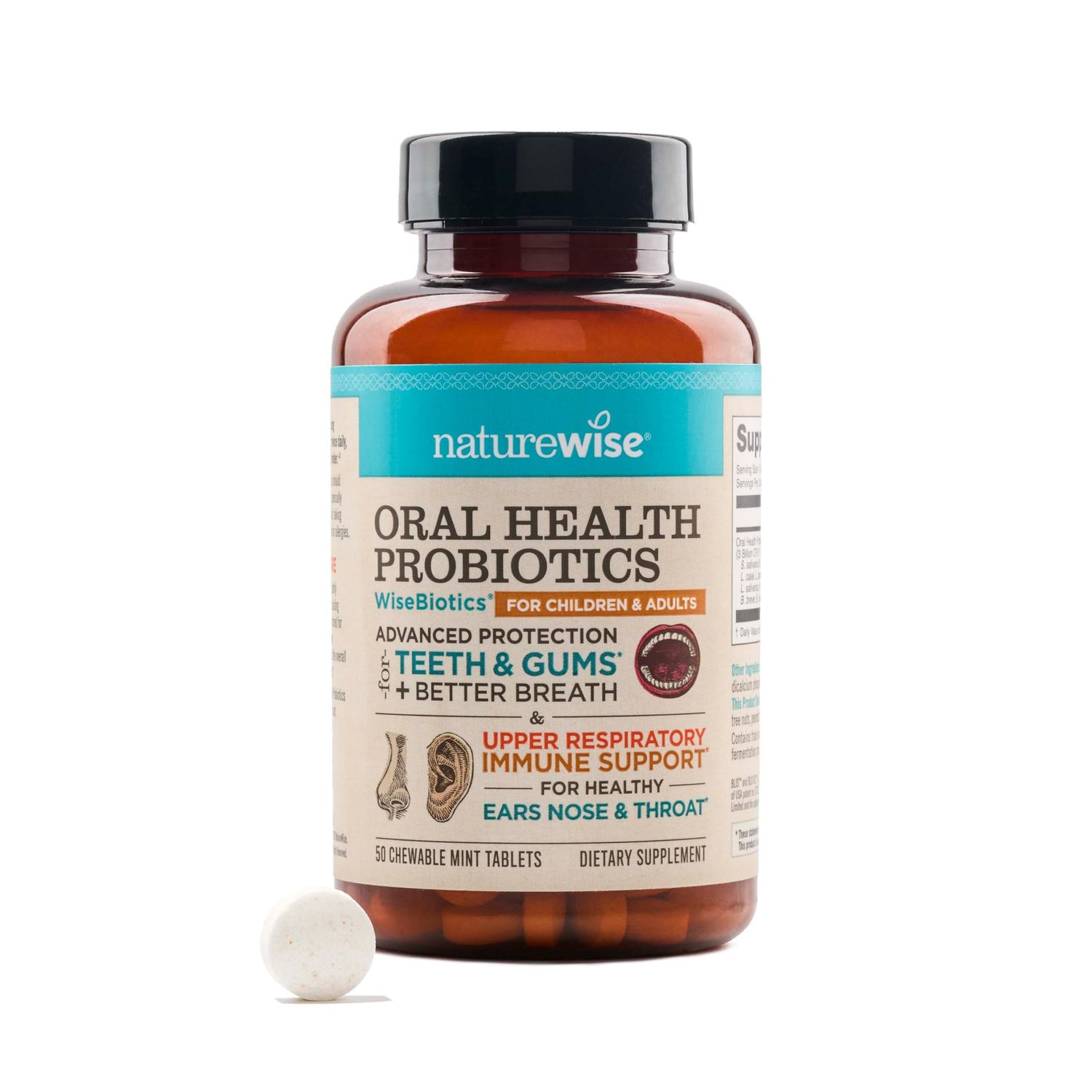 NatureWise Oral Probiotics for Teeth Gums Fresh Breath - Chewable Sugar-Free Mint Tablet - Dental Support for Kids Adults w BLIS K12 M18 - Non-GMO - 50 Count[50-Day Supply]