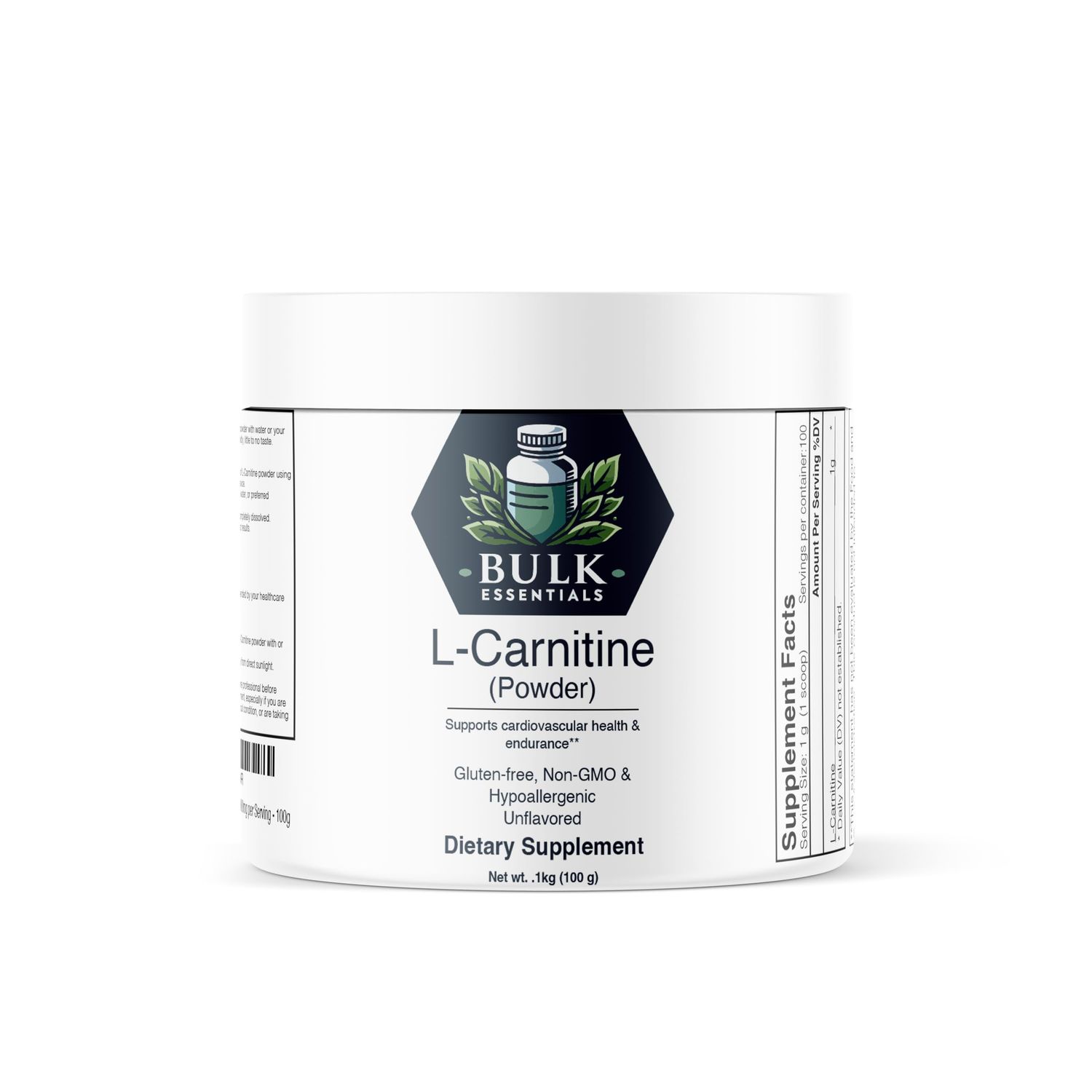 Bulk Essentials l Carnitine Supplement - Unflavored 100g Amino Acid for Metabolism Endurance - USA Made Non GMO, Gluten-Free Hypoallergenic lcarnitine - 1g Per Serving