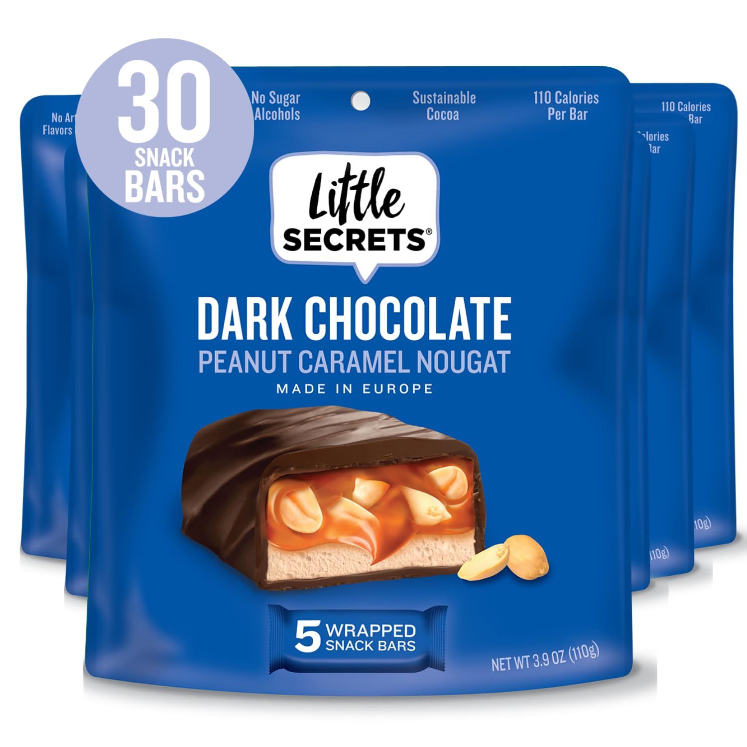Little Secrets Dark Chocolate Nougat Bars 30 Snack Bars Made in Europe Nothing Artificial No Sugar Alcohols Sustainable Cocoa 3.9 Ounce (Pack of 6)