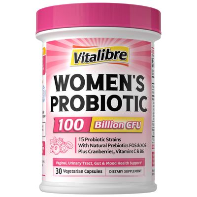 Vitalibre Probiotics for Women 100 Billion CFU 15 Strains, Daily Probiotic Prebiotic Supplement with Organic Cranberry to Support Vaginal, Digestive, Immune Health, Shelf Stable, 30 Vegan Capsules