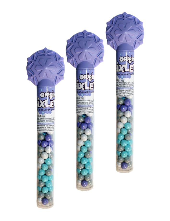Original Chocolatey Candies in Cane with Snowflake Topper - 1.5 oz, Metallic White, Blue, Purple Green Candies, Festive Lavender Tube for Holiday Gifting (Pack of 3, Original)