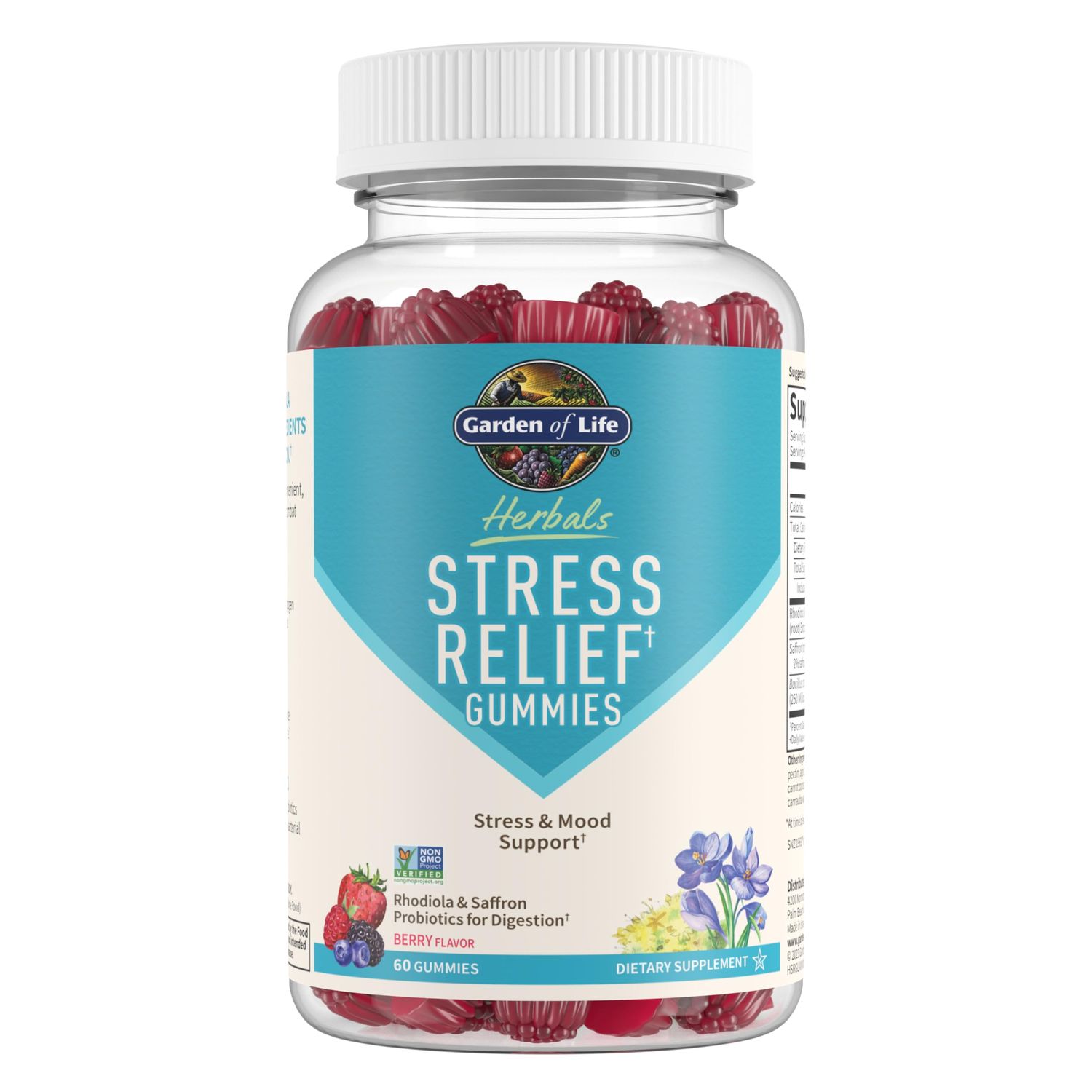 Garden of Life Herbals Stress Relief Gummy with Rhodiola Saffron for Positive Mood Stress Response Plus Prebiotics Probiotics for Digestive Support - Non-GMO, Gluten-Free, Kosher, 30 Servings