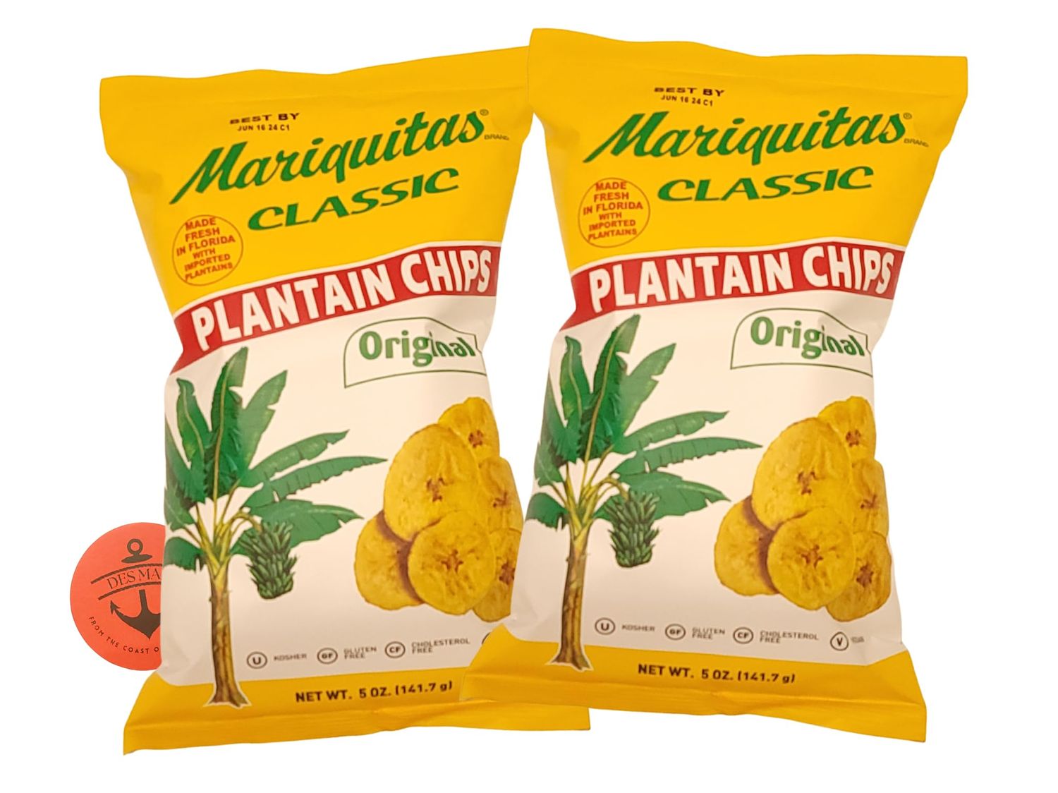 MARIQUITAS CLASSIC Original Plantain Chips NET WT 5 oz. (141.7g) - 2 Pack Total of 10 oz. with Des Mar Magnet