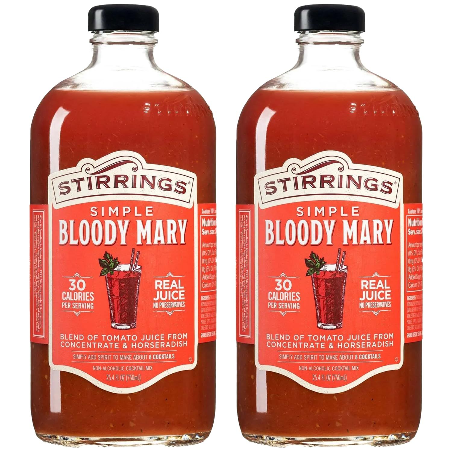 Stirrings 2 Pack Bloody Mary Cocktail Mix 750ml Bottles - Real Juice No Preservatives - 90 Calories - Drink Mixer
