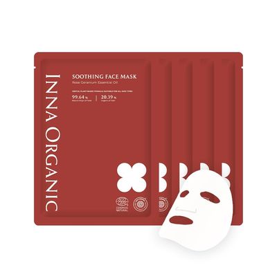 INNA Organic Sheet Mask - Soothing, Sun relief, Calming, EWG COSMOS Certified (Pack of 5) Rose Geranium Essential Oils Infused Skin Care Luxury Clean Beauty