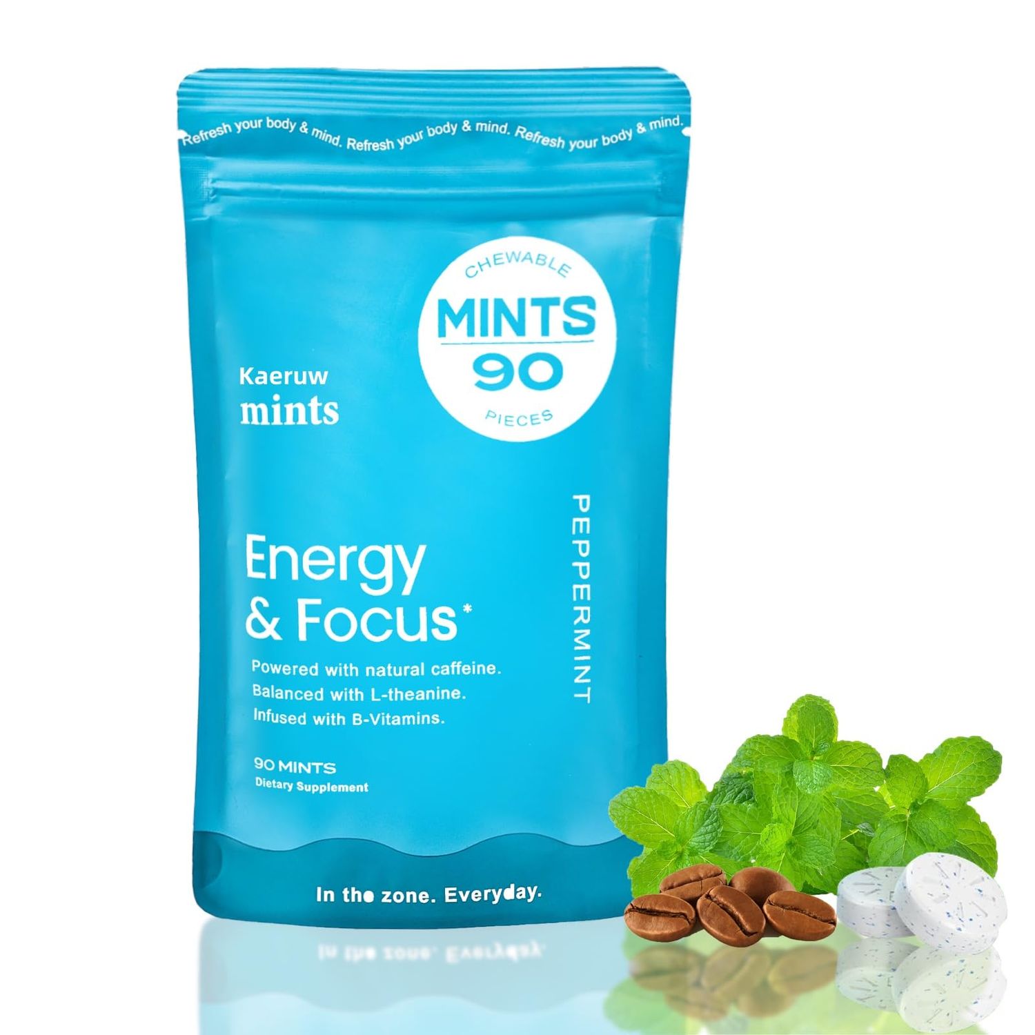 Natural Energy Revitalizing Mints Natural Caffeine B12 L-Theanine Sugar-Free, Vegan Sustained Energy Without Jitters - 90 Mints