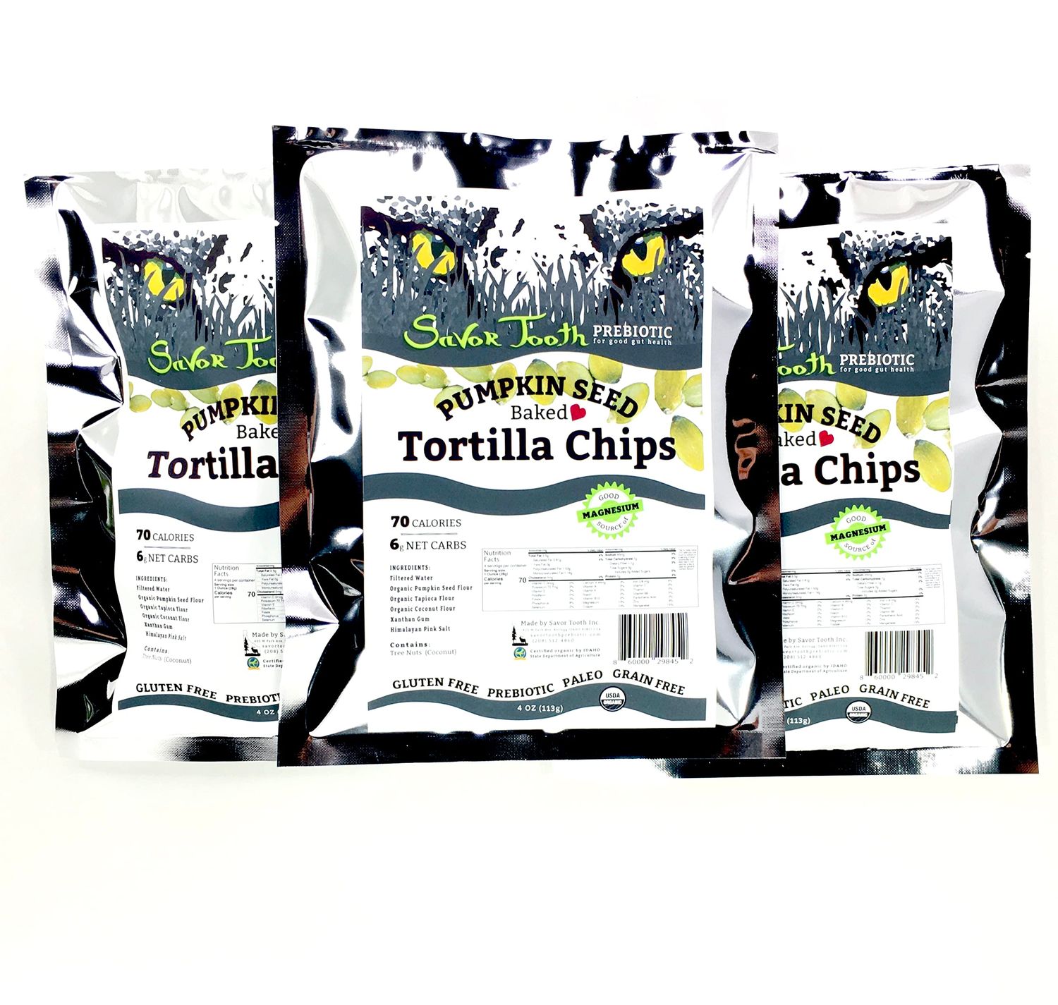 Savor Tooth Paleo LOW CARB Baked PUMPKIN SEED Tortilla Chips, 70 calories 6 Net Carbs per serving, Organic, Gluten Free, Grain Free, Paleo, Vegan, 3 Packages - 4 ounces each, Crunchy Dip Chip