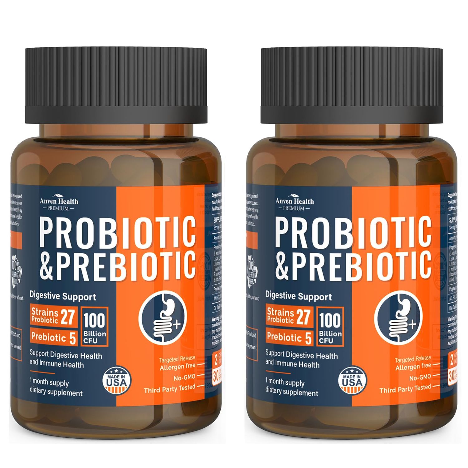 Anven Health 100 Billion Probiotics for Men and Women 27 Strains 5 Organic Prebiotics for Gut Digestive Immune Health, Supports Diarrhea Gas Bloating, Vegan Probiotic Supplement Formula 120 Caps