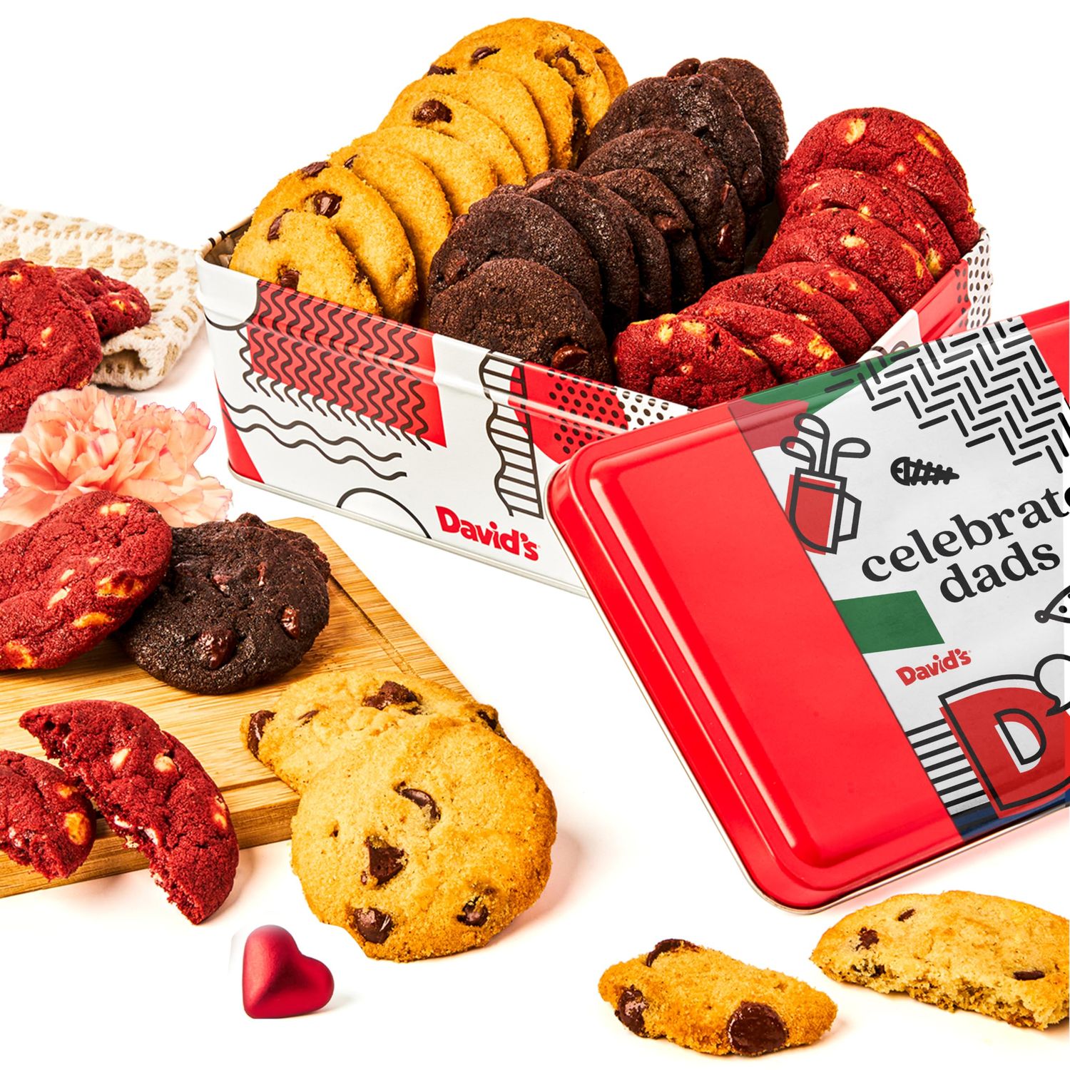 David s Cookies Assorted Mini Cookies Sweet Sampler Tin - Fresh Baked Mini Bites in Chocolate Chip, White Chocolate Chip, and Red Velvet Flavors - 14oz Gourmet Gift Tin for Dad, Husband, or Him