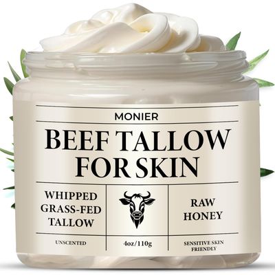 MONIER Whipped Beef Tallow for Skin, Tallow and Honey Balm for Face, Moisturizer with 100 Organic Grass-Fed Beef Tallow Raw Wild Honey - Natural Formula for Dry Sensitive Skin (Unscented)
