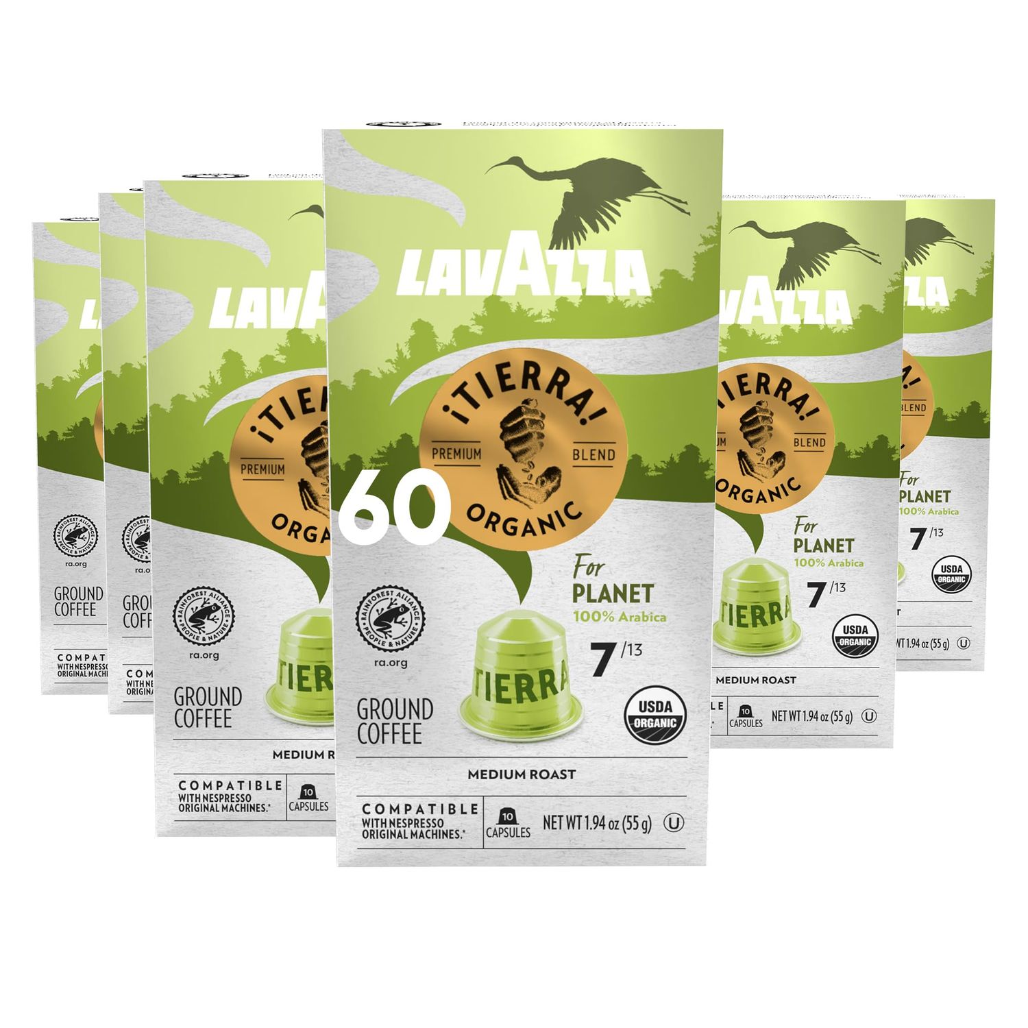 Lavazza Tierra! for Planet Aluminum Capsules Compatible with Nespresso Original Machines, Medium Espresso Roast, 100 Arabica (60 Capsules)