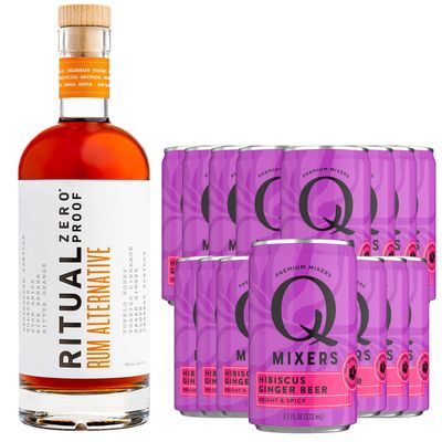 Ritual Zero Non-Alcoholic Rum Alternative with of Q Mixers Hibiscus Ginger Beer for your favorite Alcohol-Free Mixed Drink 15 PACK