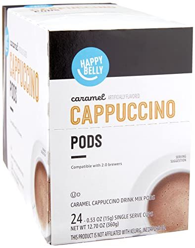 Amazon Brand - Happy Belly Cappuccino Coffee Pods Compatible With K Cup Brewers, Light Roast, Caramel Flavored, 24 Count, 12.72 ounce (Pack of 1)