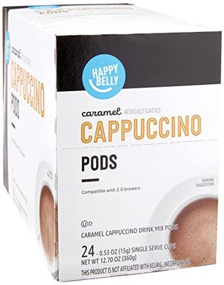 Amazon Brand - Happy Belly Cappuccino Coffee Pods Compatible With K Cup Brewers, Light Roast, Caramel Flavored, 24 Count, 12.72 ounce (Pack of 1)