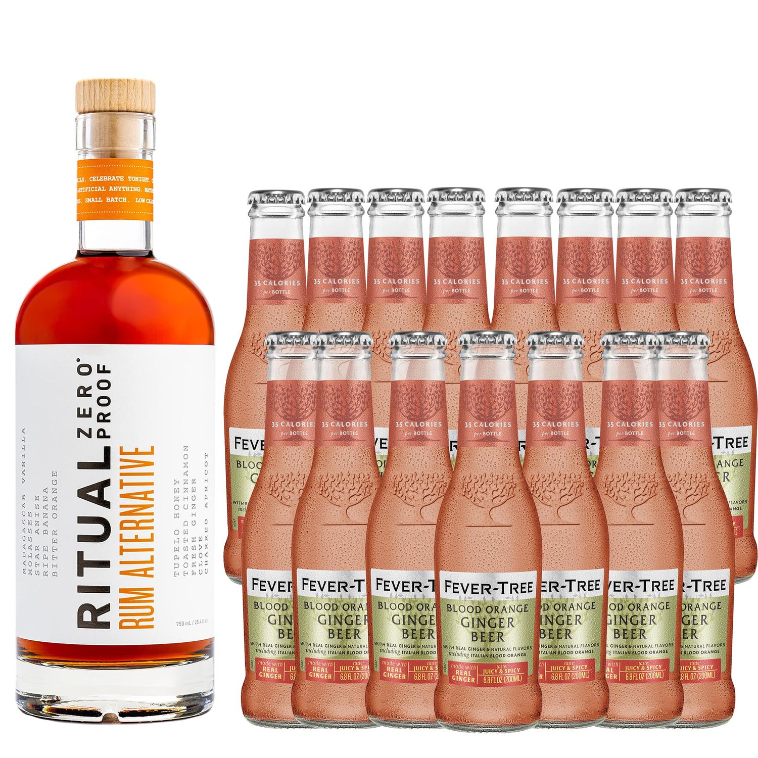 Ritual Zero Non-Alcoholic Rum Alternative with 15 Pack of Fever Tree Blood Orange Ginger Beer for your favorite Alcohol-Free Mixed Drink