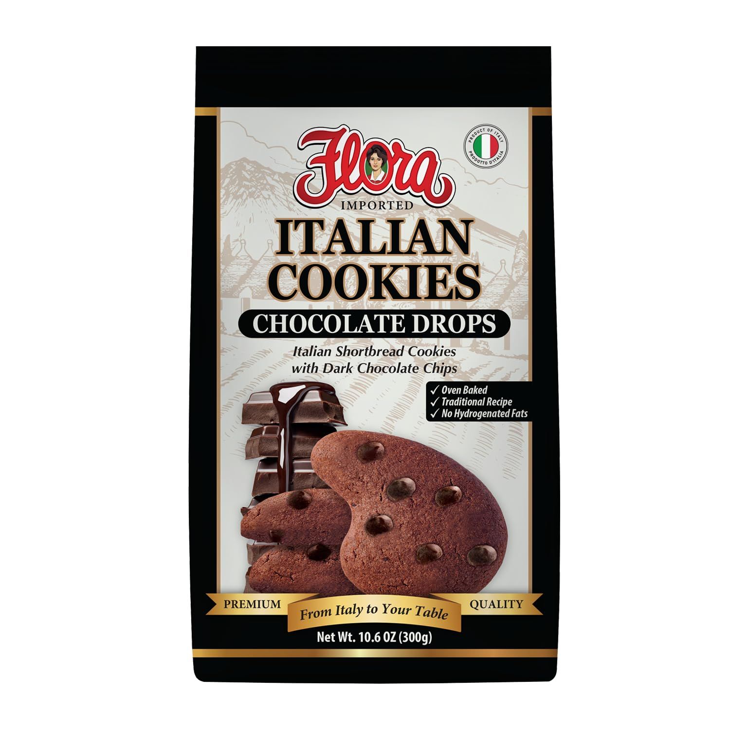 Flora Italian Cookies Chocolate Drops - Italian Shortbread Cookies with Dark Chocolate Chips - Traditional Recipe - No Hydrogenated Fats - 10.6 oz (300g)