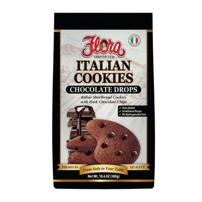 Flora Italian Cookies Chocolate Drops - Italian Shortbread Cookies with Dark Chocolate Chips - Traditional Recipe - No Hydrogenated Fats - 10.6 oz (300g)