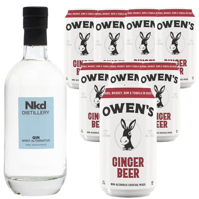 Nkd Distillery Gin Alternative Premium Non-Alcoholic Spirit 750 ML Bottles w Owen s Mixers Ginger Beer 8.2 OZ Cans - Perfect for Mocktails - Made in USA