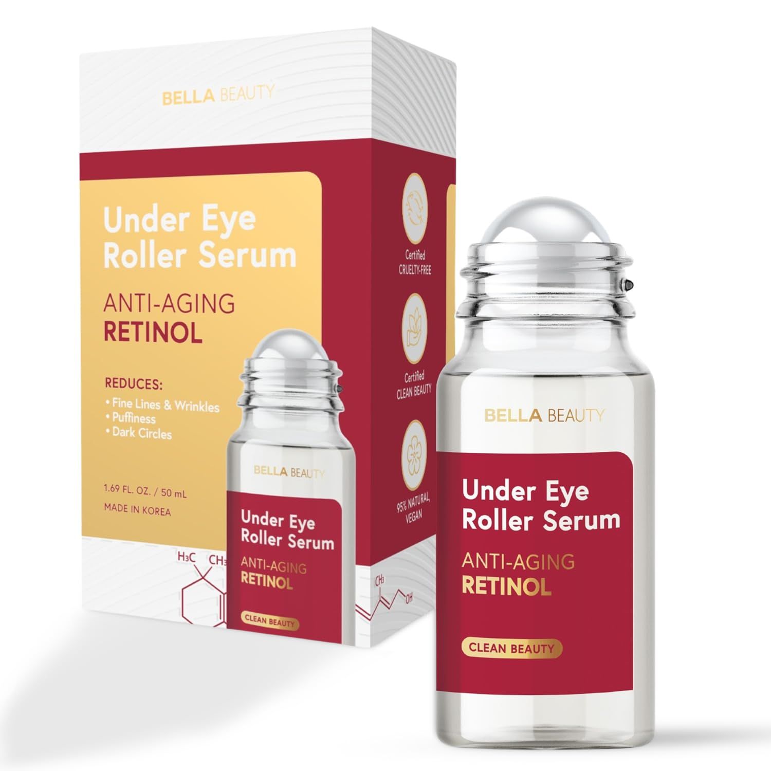 Bella Beauty Eye Roller Serum with Retinol Vitamin B5 - Reduces Dark Circles, Puffiness Fine Lines - Anti-Aging, Dermatologist Tested, Korean Skin Care for All Skin Types - 1.69 Fl. Oz