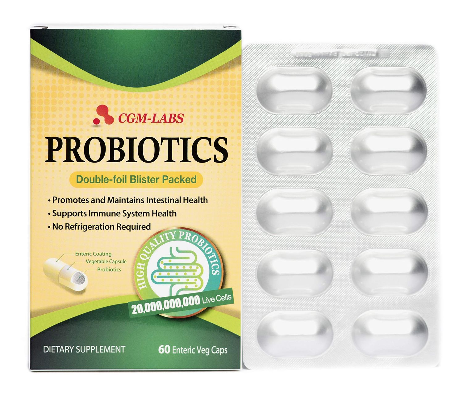 Probiotics, 20 Billion Live Cells, Premium Enteric Coated Veg Caps for Women, Men. Dietary Supplement - 60 Veg caps by CGM Labs