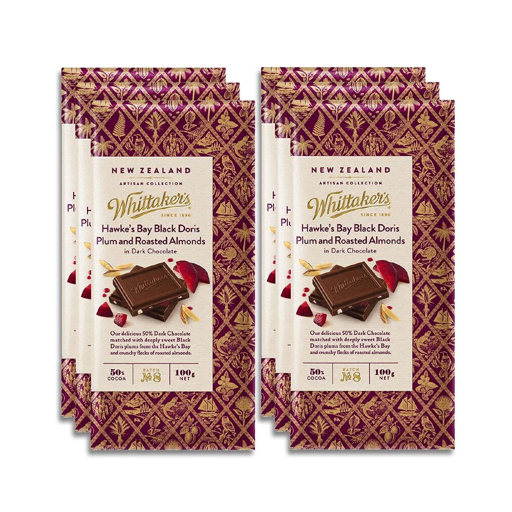 Whittaker&#39;s Hawkes Bay Black Doris Plum and Roasted Almond Dark 100g (Pack of 6) Made in New Zealand