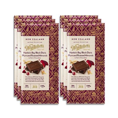 Whittaker&#39;s Hawkes Bay Black Doris Plum and Roasted Almond Dark 100g (Pack of 6) Made in New Zealand