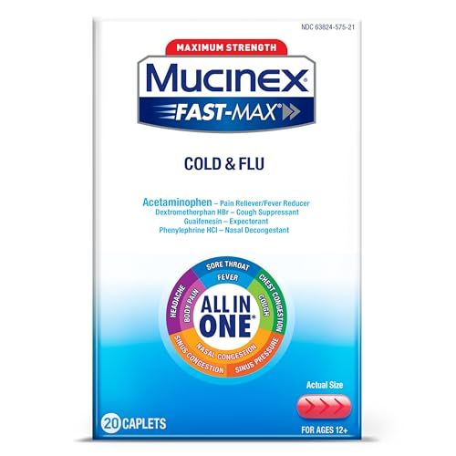 Mucinex Fast-Max Max Strength Cold and Flu Medicine for Adults, Daytime Cold Medicine, Over-The-Counter Medication with Acetaminophen, Dextromethorphan HBr, Guaifenesin, Phenylephrine HCl, 20 Caplets