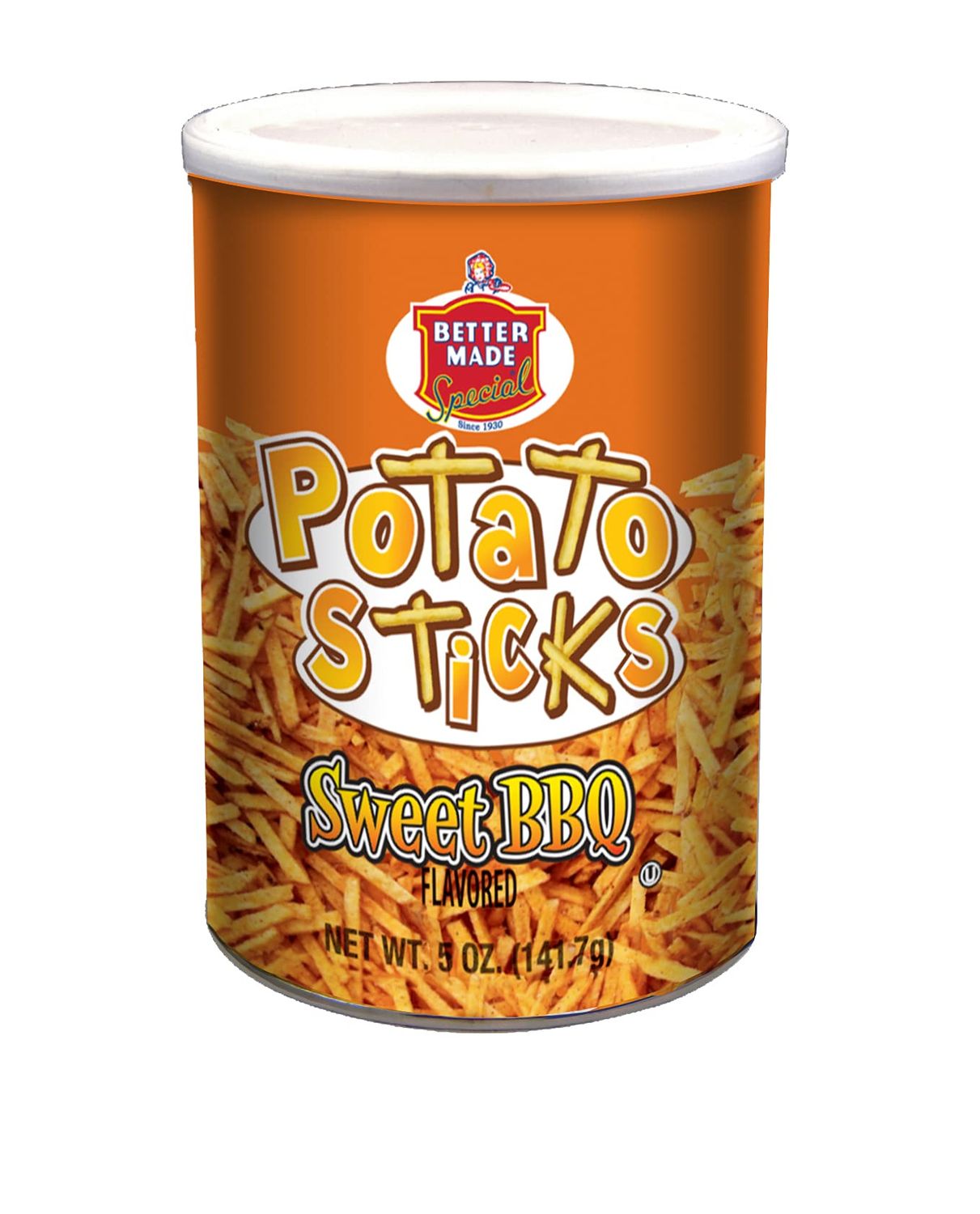 Better Made Potato Sticks 5oz Canister - Shoestring Potato Sticks - Gluten Free - Crunchy, Crispy Snack from Fresh Potatoes - Resealable Lid (Sweet BBQ, Single Can)