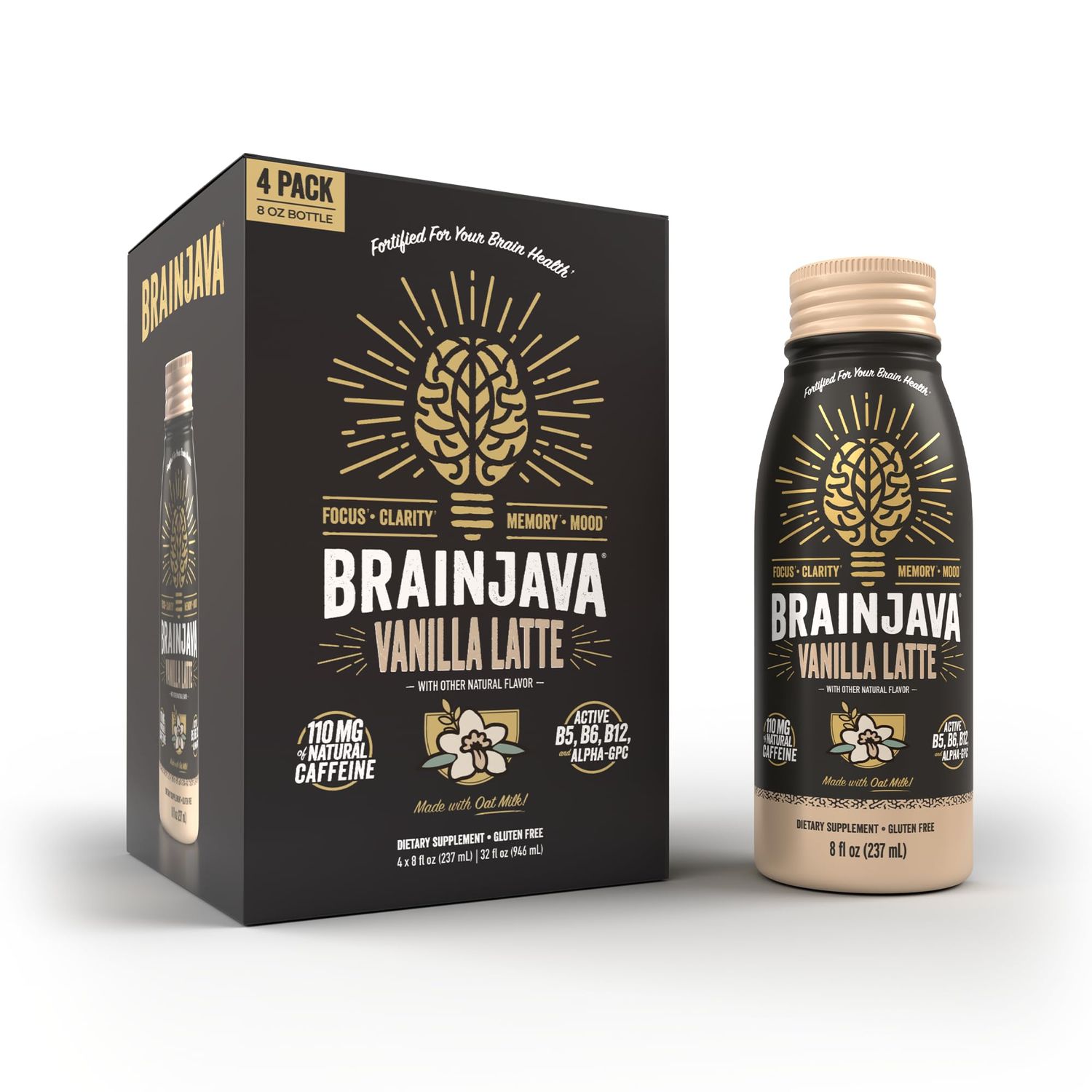 BRAINJAVA Oat Milk Vanilla Latte Ready To Drink Coffee, 4 Pack, Fair Trade Arabica Coffee, 110mg Caffeine, L-Theanine, Potassium, B Vitamins, For Focus, Clarity, Gluten Free, Vegan, 8 fl oz Bottles
