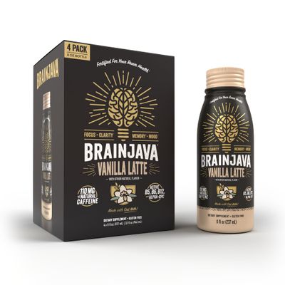 BRAINJAVA Oat Milk Vanilla Latte Ready To Drink Coffee, 4 Pack, Fair Trade Arabica Coffee, 110mg Caffeine, L-Theanine, Potassium, B Vitamins, For Focus, Clarity, Gluten Free, Vegan, 8 fl oz Bottles