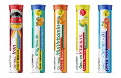 TD German Vitamin, Minerals - 100 VeganVegetarian Drink Effervescent Tablets - Mixed Fruit Flavor Box - Made in Germany
