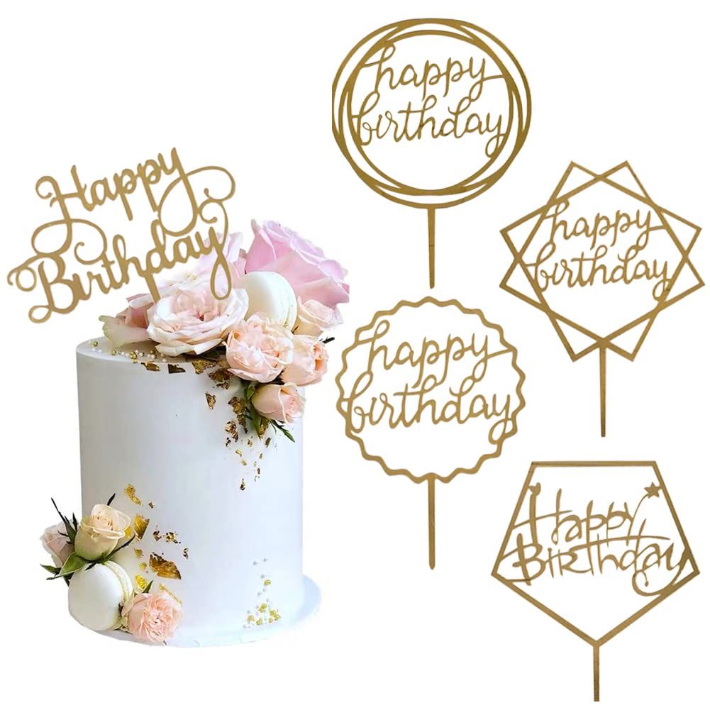 Gold Cake Topper Acrylic Happy Birthday Cake Decoration Supplies (5 Pieces)