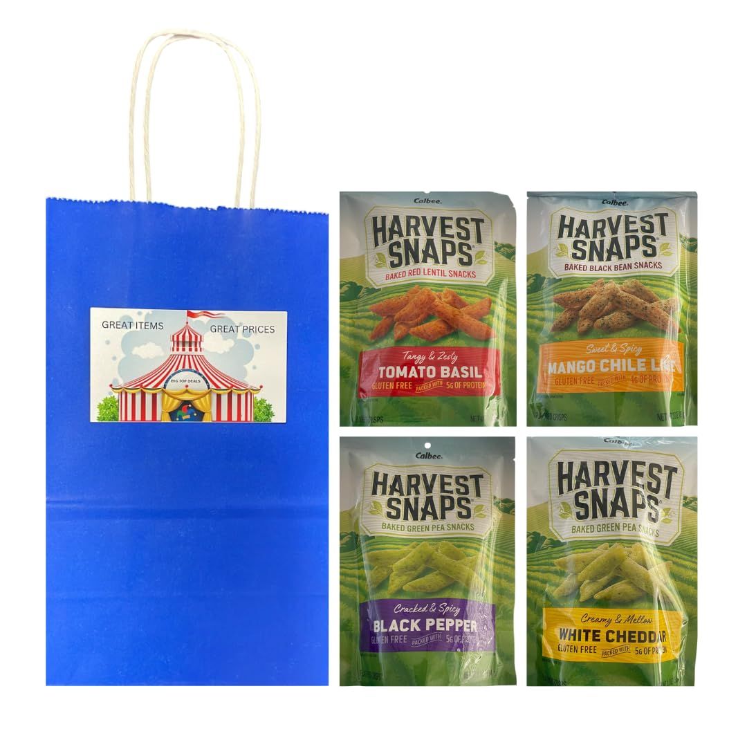 Big Top Deals USA Blue Paper Bag Custom Bundle - Includes Snaps Veggie Chips Multipack (4 Bags - 3oz Each) - Black Pepper, White Cheddar, Tomato Basil, Mango Chile Lime