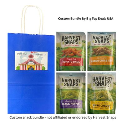 Big Top Deals USA Blue Paper Bag Custom Bundle - Includes Snaps Veggie Chips Multipack (4 Bags - 3oz Each) - Black Pepper, White Cheddar, Tomato Basil, Mango Chile Lime