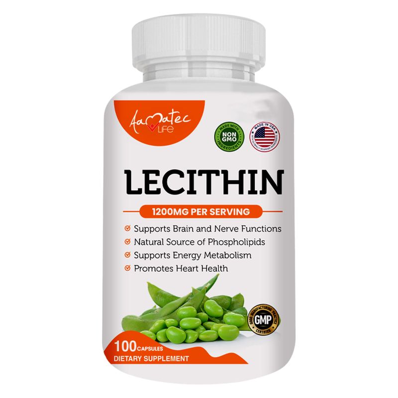 AAMATEC LIFE Soy Lecithin 1200mg Capsules Supplement for Heart, Liver Brain Health - Supports Immune System, Brain Function Metabolism - Non-GMO Made in The USA- 100 Capsules 1200mg