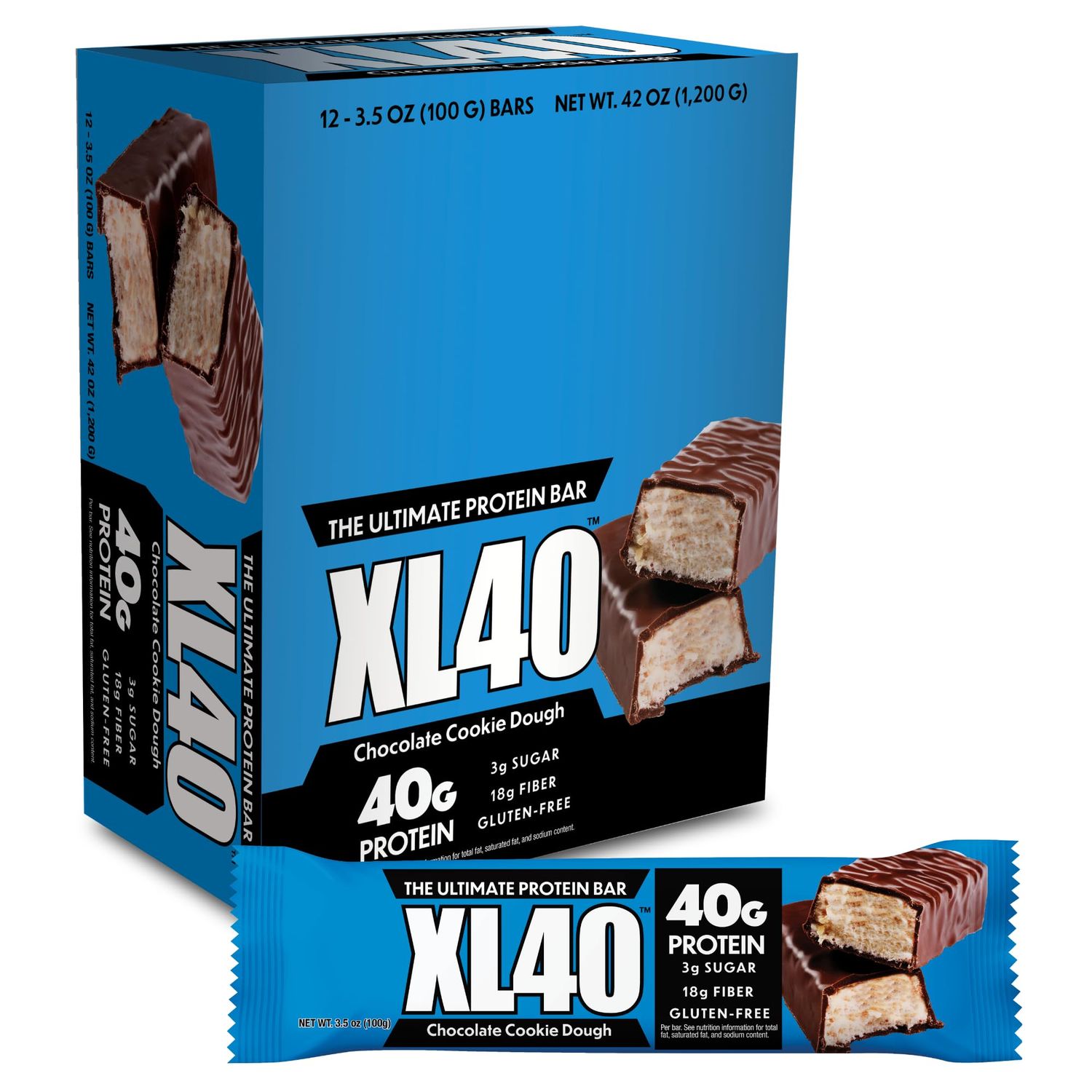 Convenient Nutrition XL40 Ultimate Protein Bar - High Protein 40g, Low Sugar 3g, Gluten-Free, High Fiber, Keto-Friendly - Chocolate Cookie Dough 12 Count Box