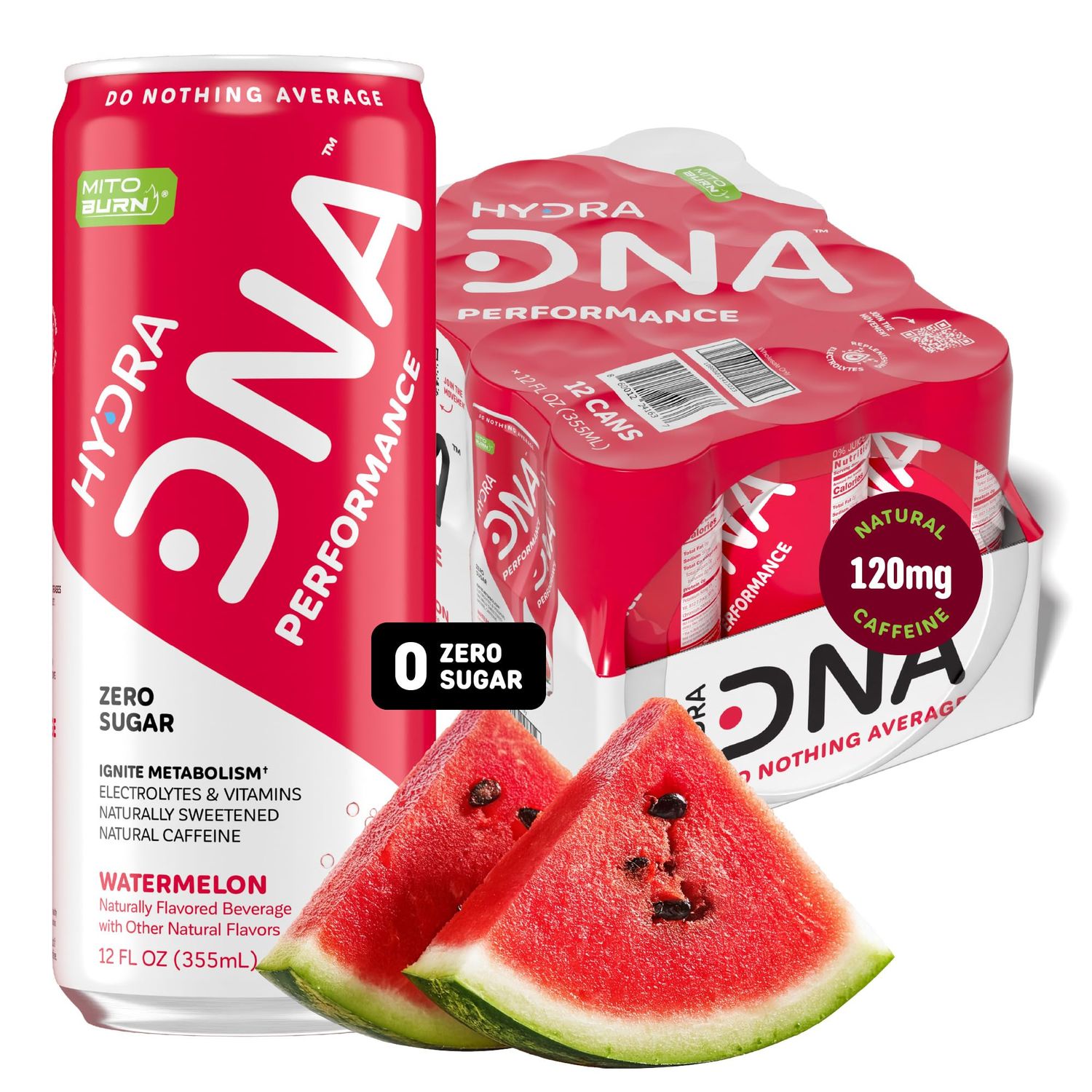 HYDRADNA- Clean Performance Drink, Zero Sugar For Natural Fuel, Alertness, Boost, Stamina,120 mg Organic Caffeine, Natural Flavors, Zero Sucralose, Clean Ingredients (12 Pack) (12 Pack, Watermelon)