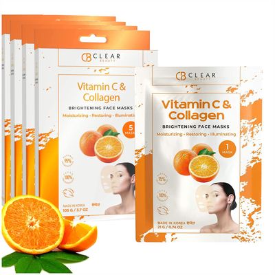 Clear Beauty Vitamin C Collagen Face Mask - Dermatologist Tested, Diminishes Fine Lines Wrinkles, Anti-Aging, Natural Ingredients Cruelty-Free Korean Skin Care, All Skin Types - 4 Pack