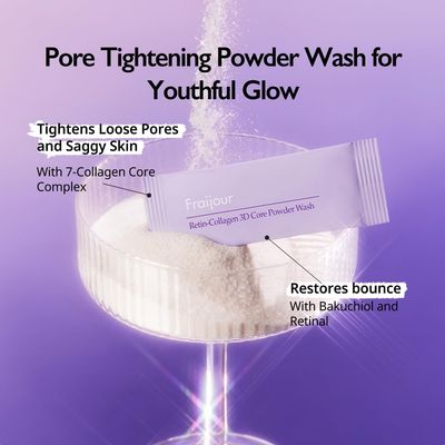 Fraijour Retin-Collagen 3D Core Powder Wash - Exfoliating Powder Cleanser with Papain 7 Collagens, Tightens Pores, Smooths Skin, Anti-Aging, For Oily Acne-Prone Skin, 30 Packets, 0.04 oz. each