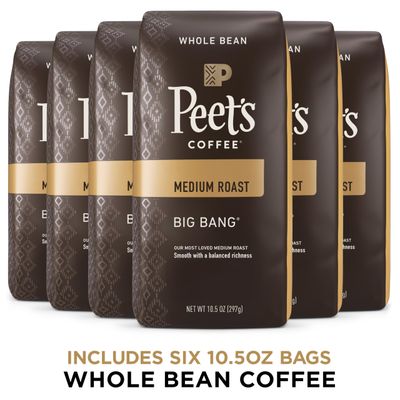Peet's Coffee, Medium Roast Whole Bean Coffee - Big Bang 63 Ounces (6 Bags of 10.5 Ounces)