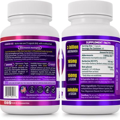 FOLONA Delayed Release Akkermansia GLP-1 Probiotic with Berberine and Soluble Beta-Glucan Prebiotic Fiber; 3 Billion AFU, 60 Capsules, for Gut Health Support
