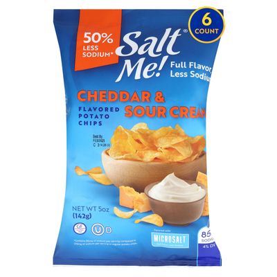 SaltMe! Cheddar Sour Cream Potato Chips, 50 Low Salt, Kosher, Non-GMO, Better for You Chips, Flavorful, 5 Ounces, Pack of 6