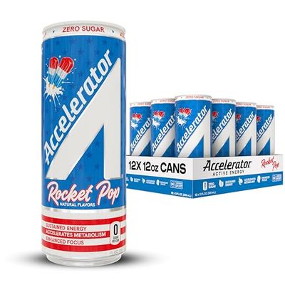 Accelerator Active Energy Drink Sugar Free Zero Carbs, Rocket Pop 12oz can(12 pack) Enhanced Focus Sustained Energy from 100 Natural Caffeine (200mg), Ashwagandha, Coq10 Green Tea Extract