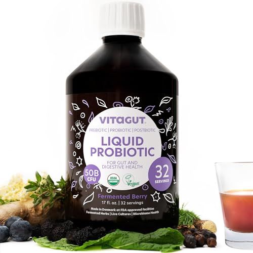 VITAGUT Liquid Probiotic, Prebiotics Postbiotics 3-in-1 Organic, Live Probiotics for Women Men - Probiotics for Digestive Health, 50 Billion CFU, 19 Fermented Herbs, Vegan Probiotic for Gut Health