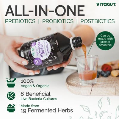 VITAGUT Liquid Probiotic, Prebiotics Postbiotics 3-in-1 Organic, Live Probiotics for Women Men - Probiotics for Digestive Health, 50 Billion CFU, 19 Fermented Herbs, Vegan Probiotic for Gut Health