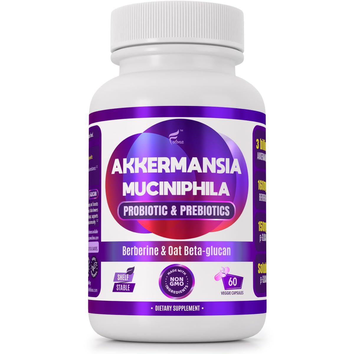 FOLONA Delayed Release Akkermansia GLP-1 Probiotic with Berberine and Soluble Beta-Glucan Prebiotic Fiber; 3 Billion AFU, 60 Capsules, for Gut Health Support