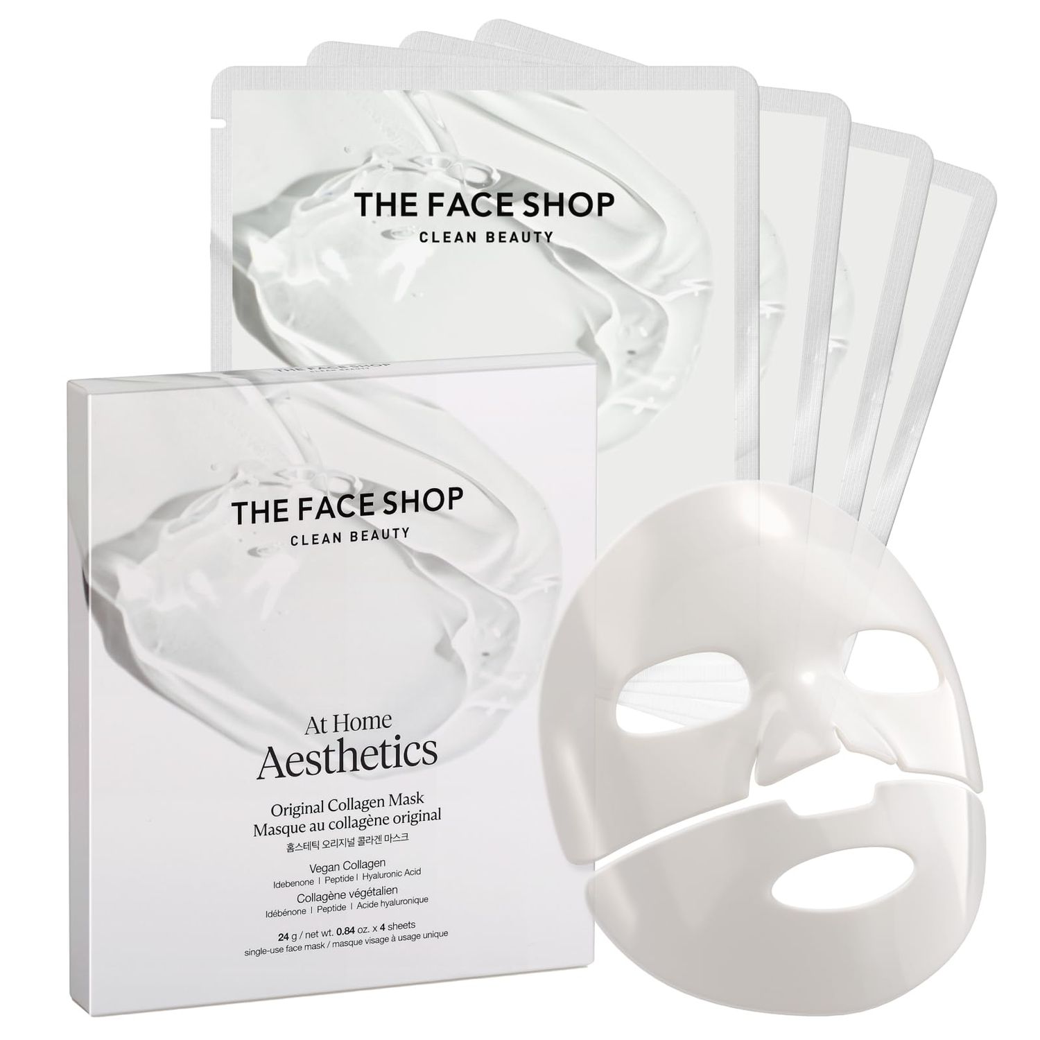 THE FACE SHOP Original Vegan Collagen Face Mask, Korean Glass Skin Essential, Peptide Hydrogel Mask for Firming Skin Elasticity, Moisturizing, 4EA